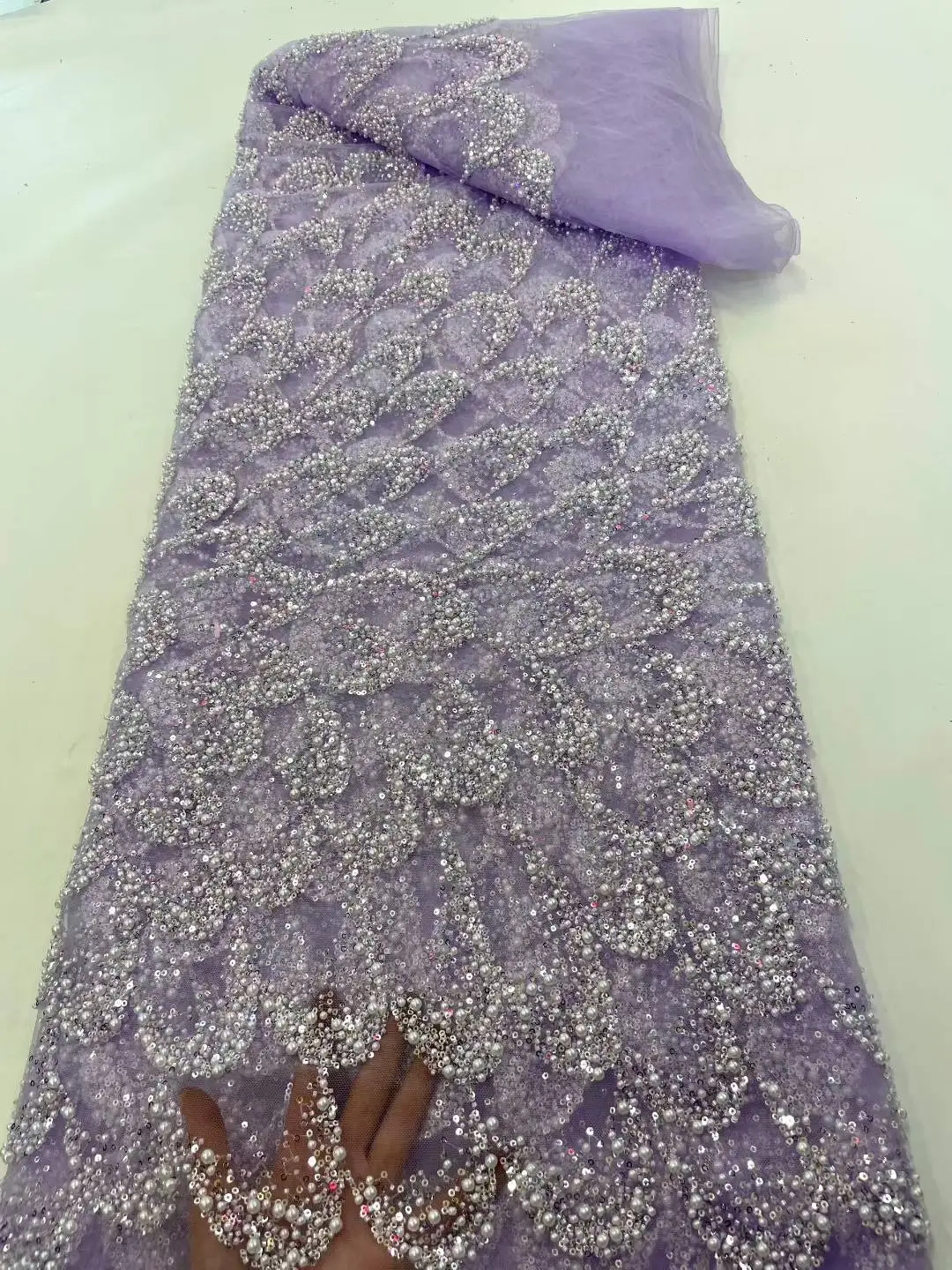 African Beaded  High Quality Nigerian Sequins With Pearl Lace French Tulle Lace Fabric For Party Dress Sewing