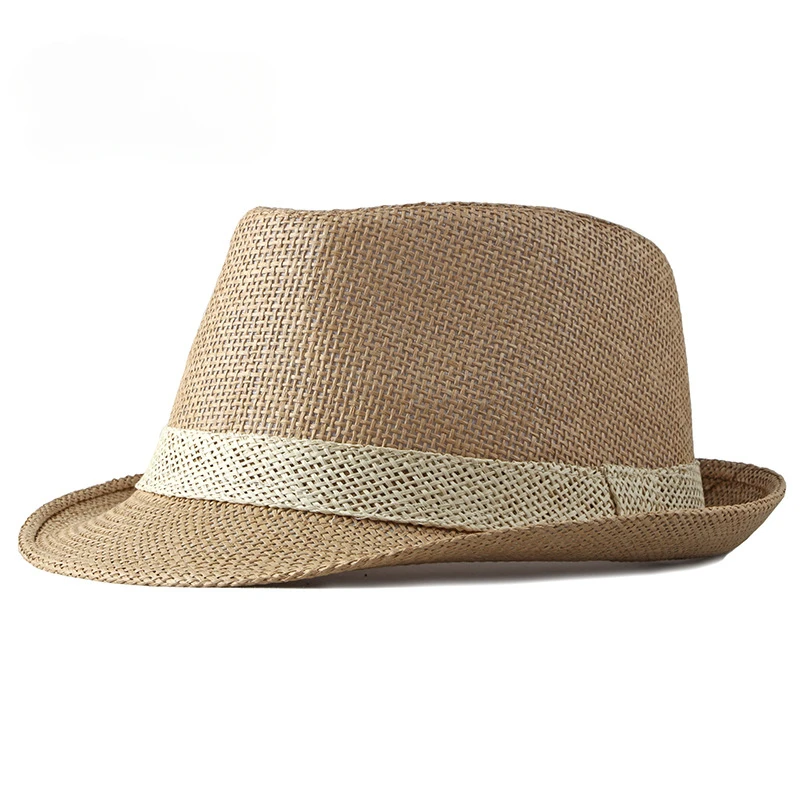 Simple Solid Jazz Hat Men Outdoor Beach Women Straw Woven Stripe Sunshade Hat Casual Buckle Beach Sun Fedoras Panama Cap 4