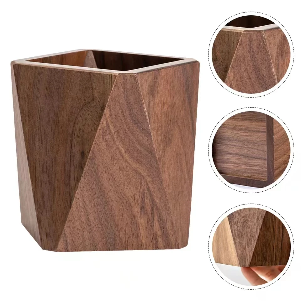 Pen Holder Wooden Container Desk Solid Tabletop Stationery Finishing Storage Office