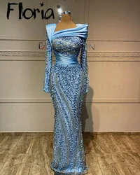 Couture Baby Blue Evening Dress Glitter Sequins Long Sleeve Wedding Party Gowns Arabic Birthday Night Gowns Mermaid Prom Dresses