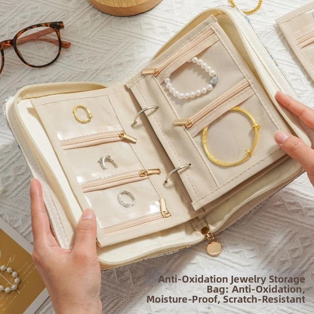 Flower Pattern Jewelry Storage Bag Anti-oxidation Grid Storage Jewelry Organizer Multi-layer with Zipper