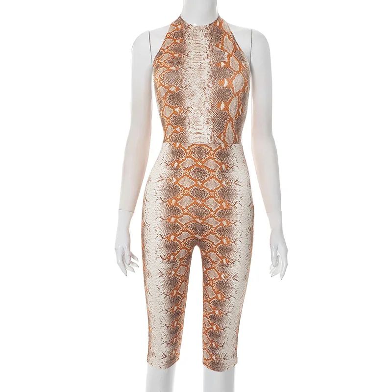 ヨーロッパとアメリカの女性のファッションスネークプリントネックストラップホルタータイトクロップドショーツジャンプスーツ女性