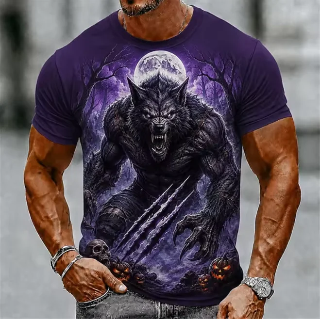 Family Matching Wolf Print Tee Set, Men's Kids Crew Neck Loose Drop Shoulder Tops, Hip-Hop Street Casual Short Sleeve Shirts