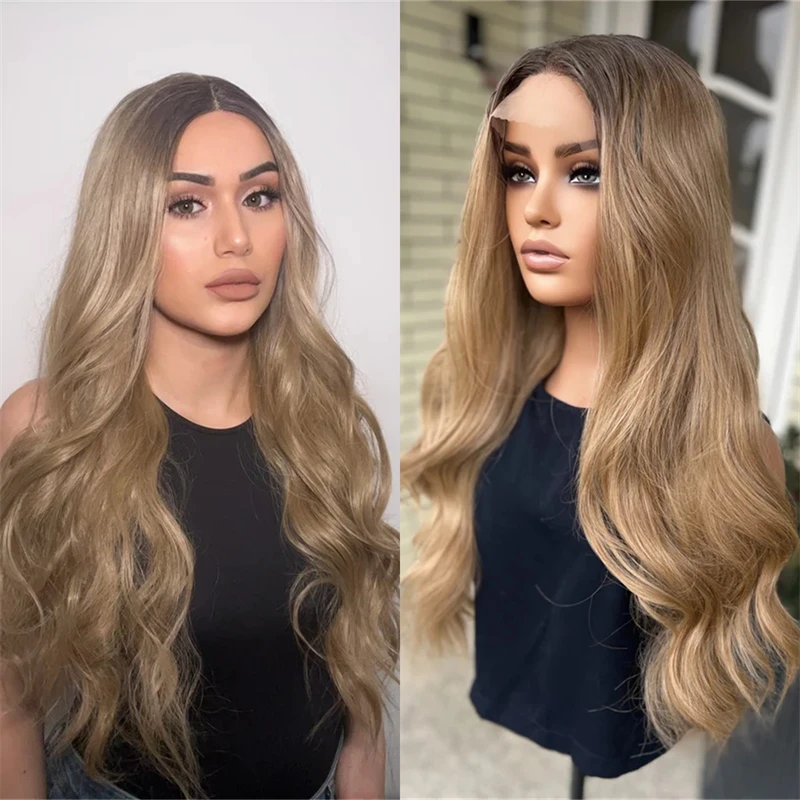 Ombre Caramel Brown Blonde Free Part Synthetic Lace Front Wig 28 Inch Body Wave Women's Wig Preplucked Hairline with Baby Hair