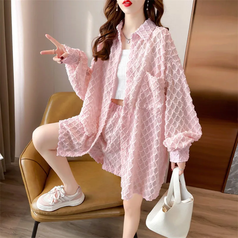 Medium Length Loose Large Sleeve Shirt + Shorts Women\'s Sunscreen Clothes 2023 Summer New Casual Two piece Set Fashion