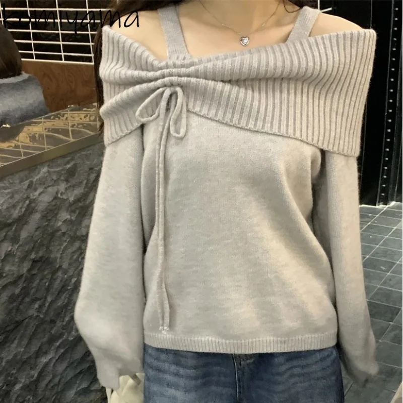 Lace-up Bow Knitted Outerwears Slash Neck Sweater Long Sleeve Ropa Mujer 2000s Y2k Pullovers Spring Autumn Pull Femmes