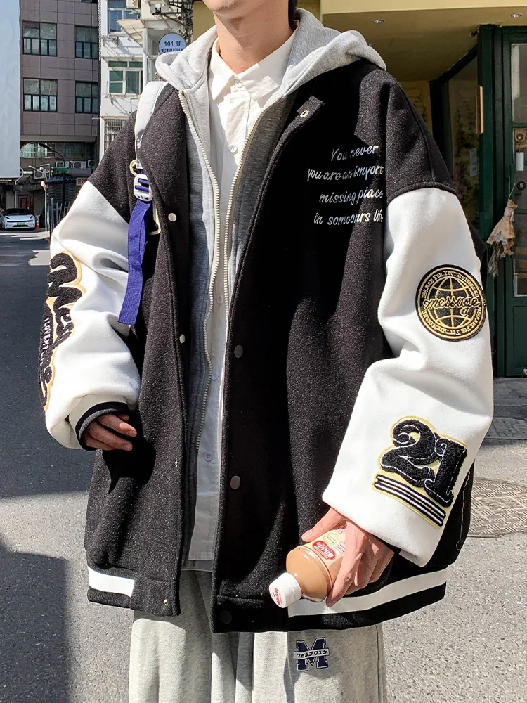 

Spring Autumn Men's Baseball Jaet Hooded Coat Couple's Clothing Loose Fit Fake Two-Piece Anti-Wind Long Sve Youth Faion