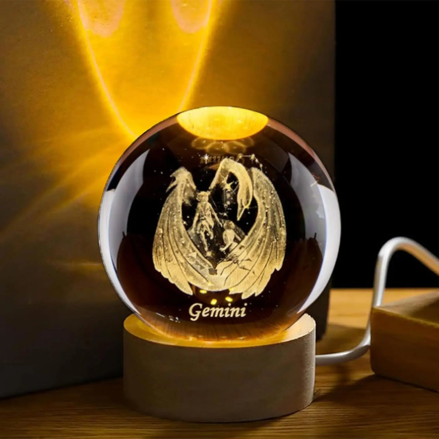 

3D Gemini Crystal Ball with Wooden Light Base Constellation Glass Sphere Decorative Balls Paperweight Birthday Gifts Home Decor