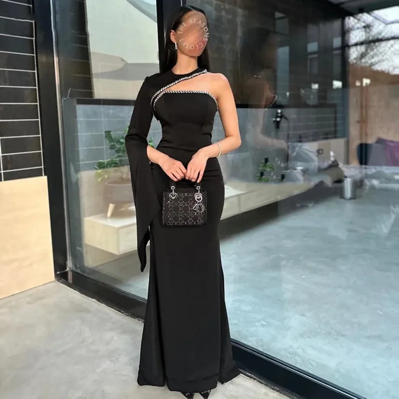 

Aleeshuo Modern Black Mermaid Evening Dress Sexy Pleat Beaded Crysal O-Neck Formal One-Shoulder Floor-Length Prom Party Gowns