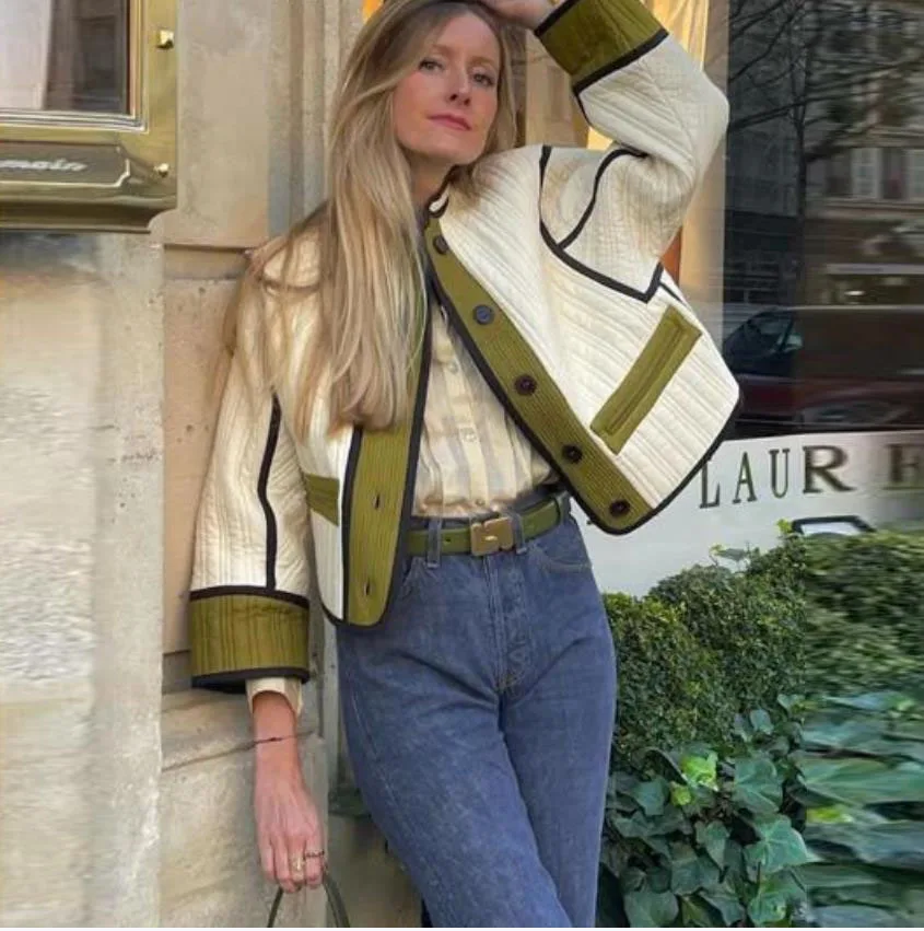 Damska elegancka kurtka z bawełny z kontrastowymi wstawkami, stójką, zapinana na jeden guzik, z kieszeniami, płaszcz na jesień i zimę, stylowa odzież wierzchnia.