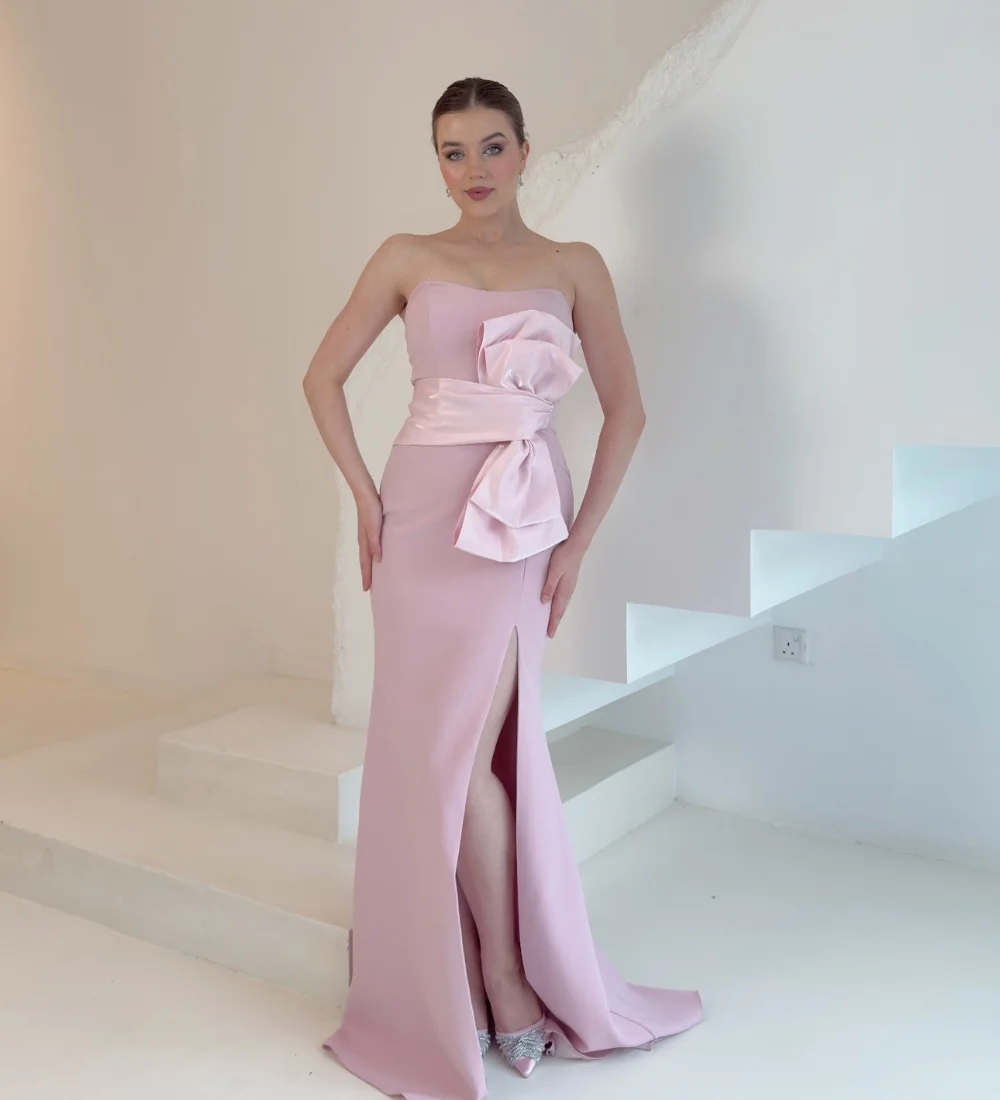 Customized Pink Simple Sizes Available Jersey Pleat Bow Mermaid Strapless Long Dresses Evening Dresses Exquisite Modern Style