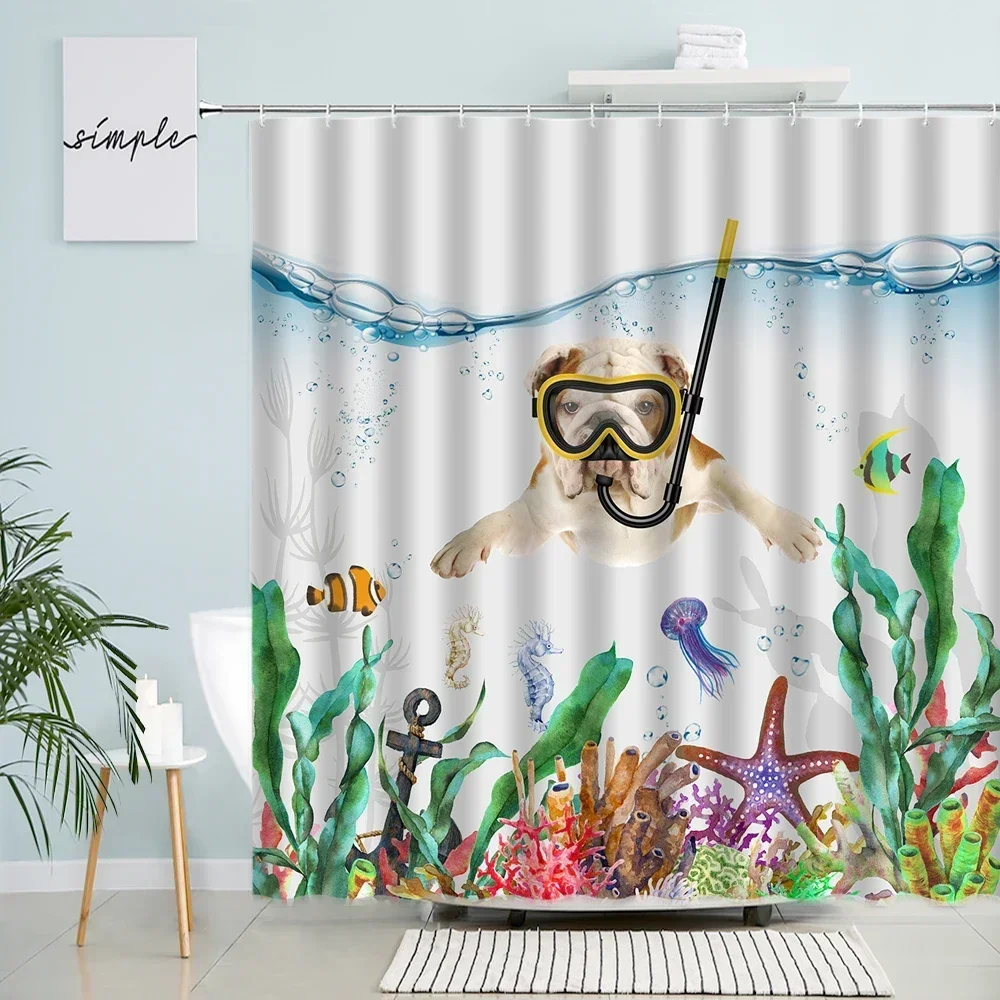 Creative Diving Dog Shower Curtain Starfish Coral Water Grass Fish Sea Turtle Bath Curtains Marine Animals Bathroom Decor Sets