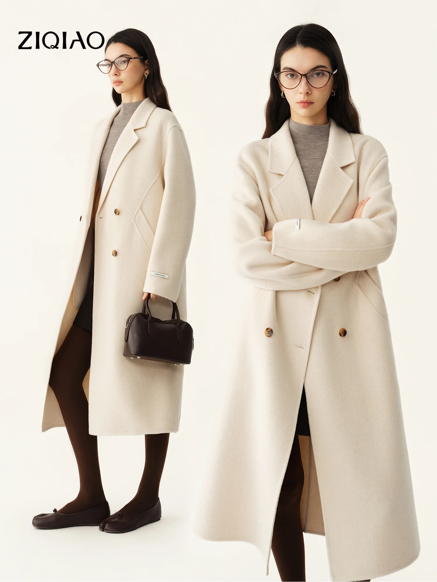 ZIQIAO Women's Lapel Wool Cashmere Coat with Triangle Cut Seam Details, Tailored Woolen Outerwear 2026 Winter New Arrival Coat
