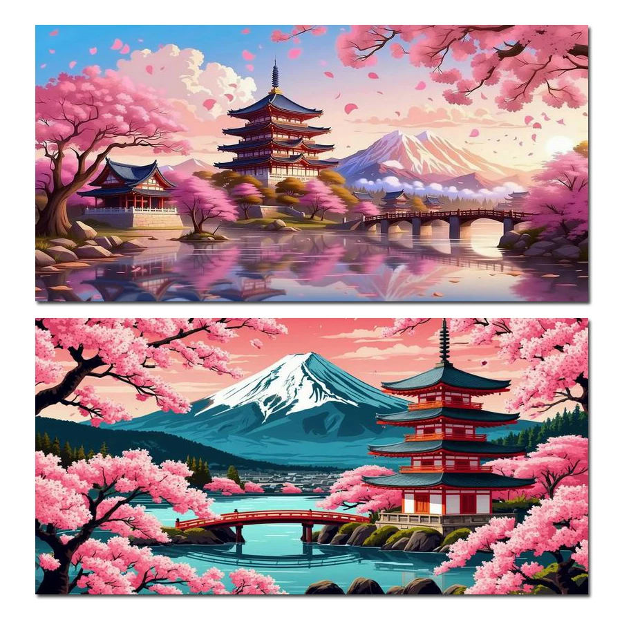 

Mount Fuji Scenery Large Size Diy Diamond Painting Pink Cherry Blossom Temple Full Drill Mosaic Embroidery Pictures 200x110cm