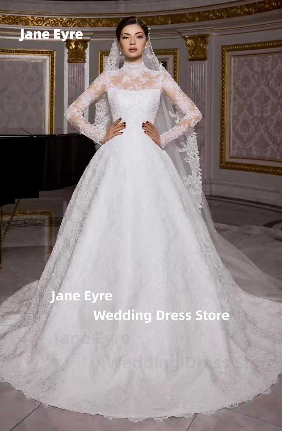 Jane Eyre Vestido de noiva elegante de alta qualidade com renda branca, mangas compridas, vestido de baile vintage, vestidos de noiva personalizados