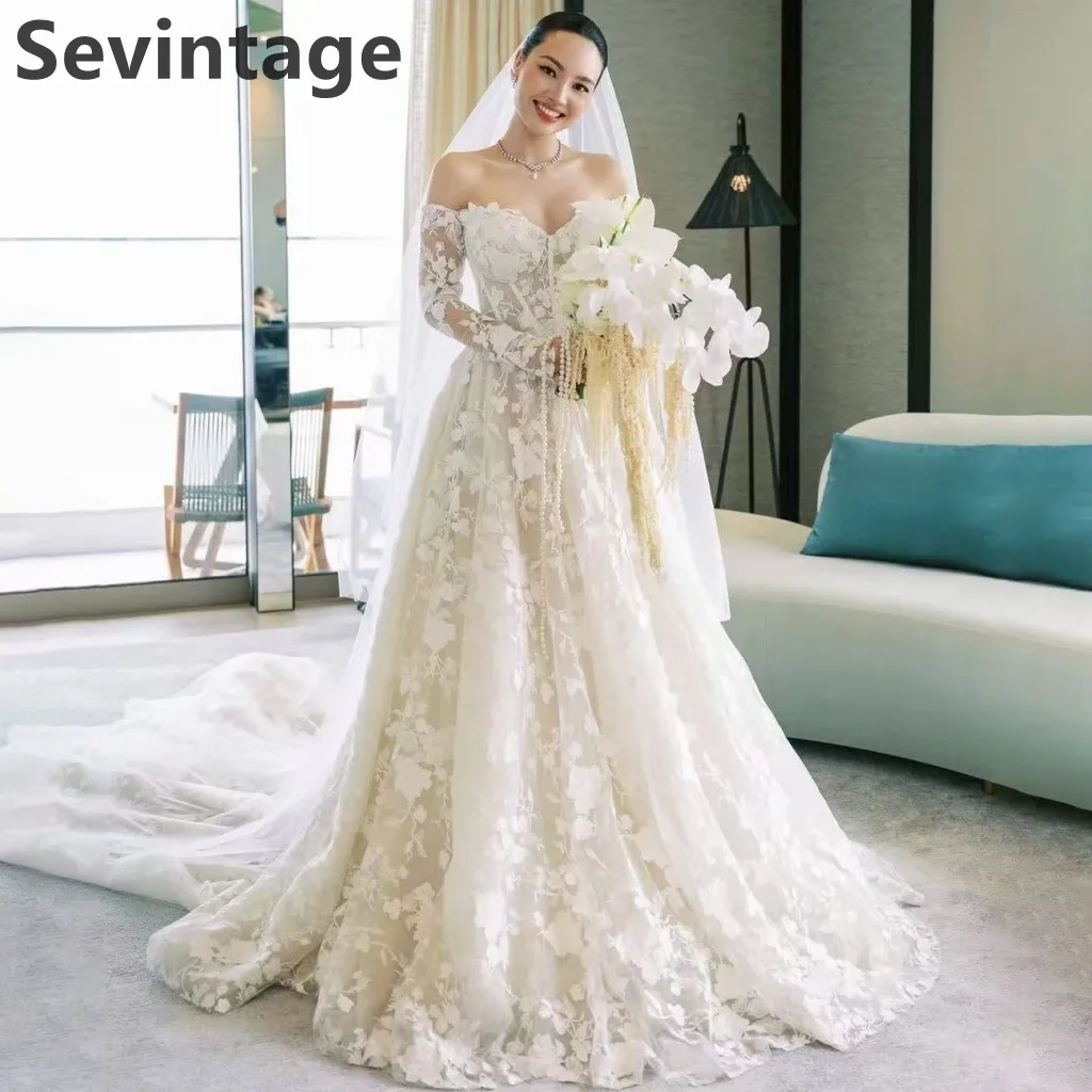 

Sevintage 2025 Luxury Full Lace A Line Off Shoulder Long Sleeve Wedding Dress Customized Bridal Gowns
