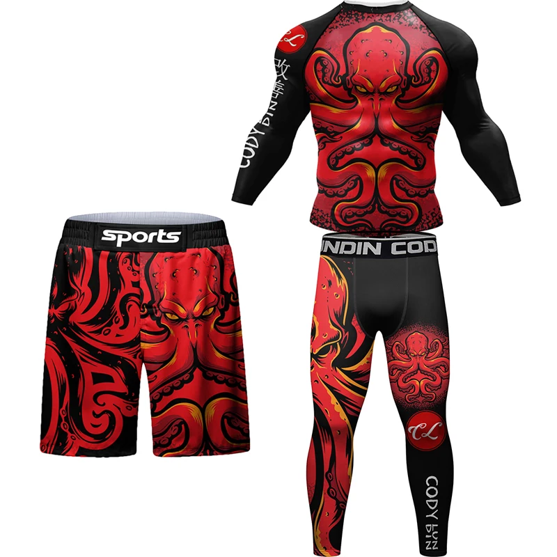 MMA Boxing T-shirts +Pants Sets Jiu jitsu Rashguard For Men Muay Thai Shorts Kickboxing Sport Gym Clothes Compression Sportswear