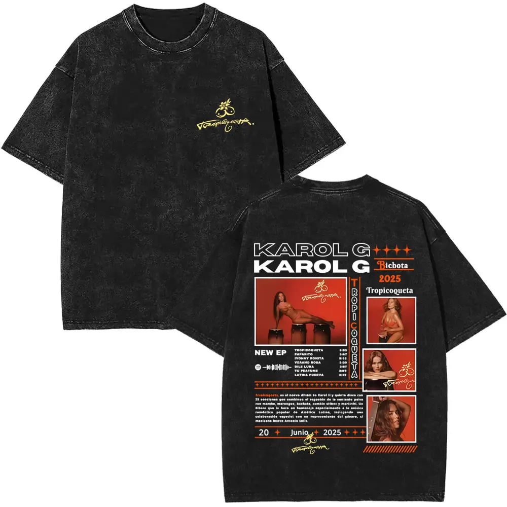 

Hot Sale New Karol G Tropicoqueta Album 2025 Washed Vintage T-shirt Men Women Hip Hop Fashion T-shirts Cotton Oversized T Shirts