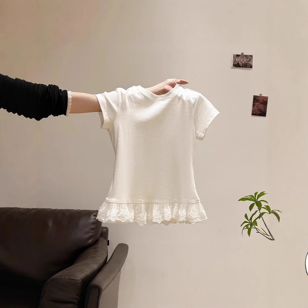 Lace Splicing White Round Neck Short-sleeved T-shirt Women's 2026 Summer New Slim-fitting and Thin Top