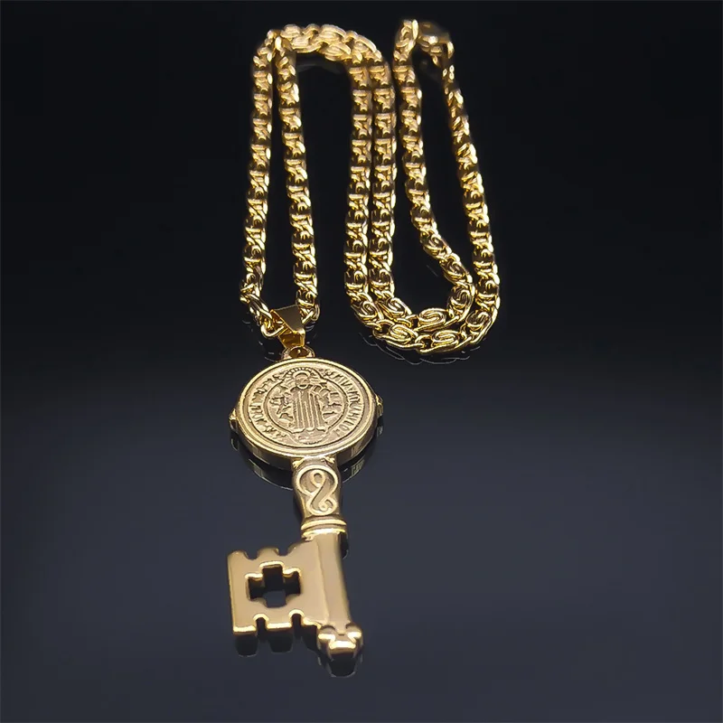 Catholicism Saint Benedict Key of Life Pendant Necklace for Women Men Stainless Steel Hip Hop San Benito Medal Necklaces Jewelry