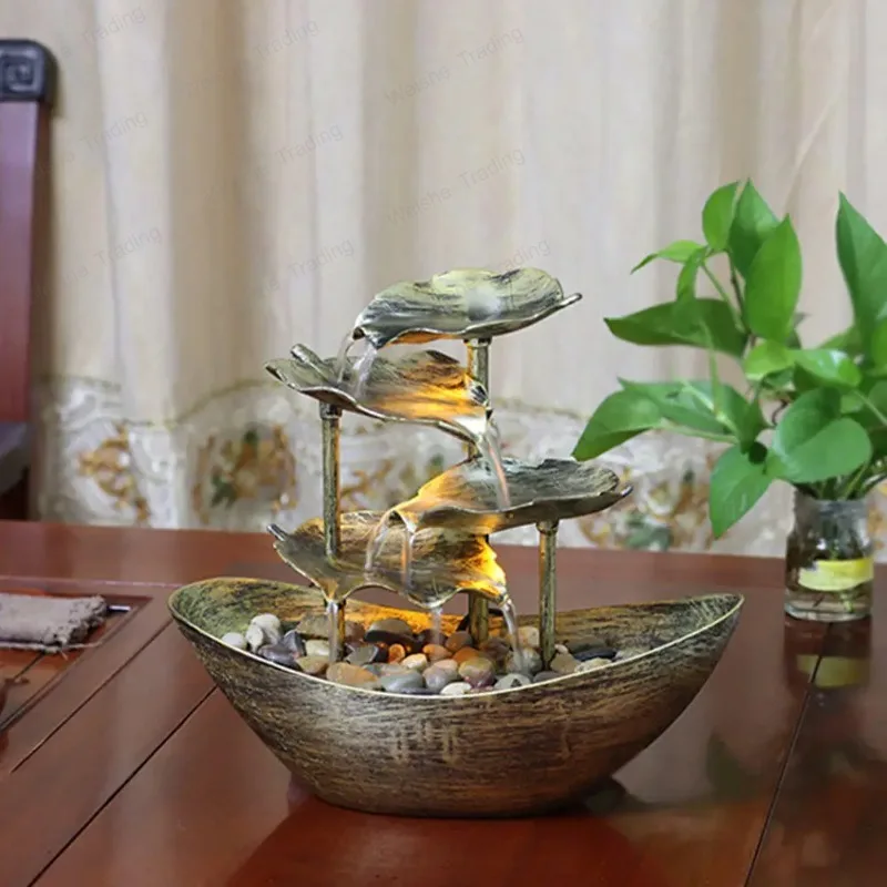Small Tabletop Fountain Decor with Flowing Water Feature Lotus Ingot and Leaf Design Desktop Waterfall Ornament for Living Room