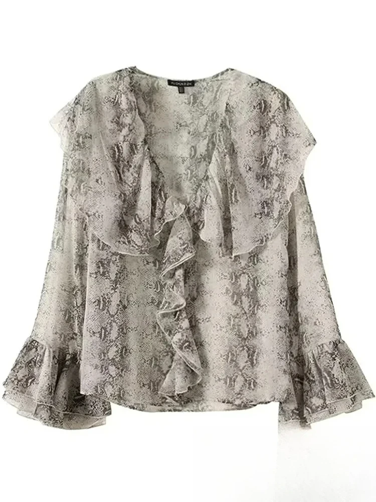 

KONDALA Повседневная шикарная женская блузка с принтом и v-образным вырезом, длинные рубашки с рукавами-бабочками, новая мода, осень 2024, праздничная повседневная элегантная блузка