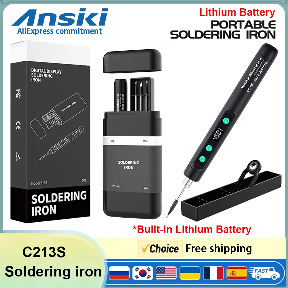 ANSIKI C213S Wireless Soldering Iron built-in battery 180-450° adjustable temperature with 3Tip Portable welding repair Tool kit