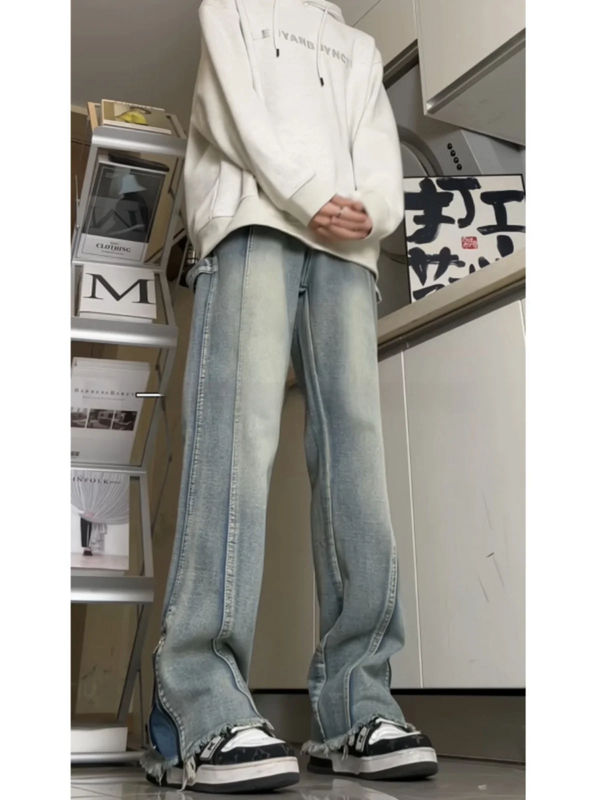 

Waed American High Street Straight Leg Jeans Men's Spring Autumn Faion Brand Zipper Cuffed Slim Fit Jeans Youth Trend