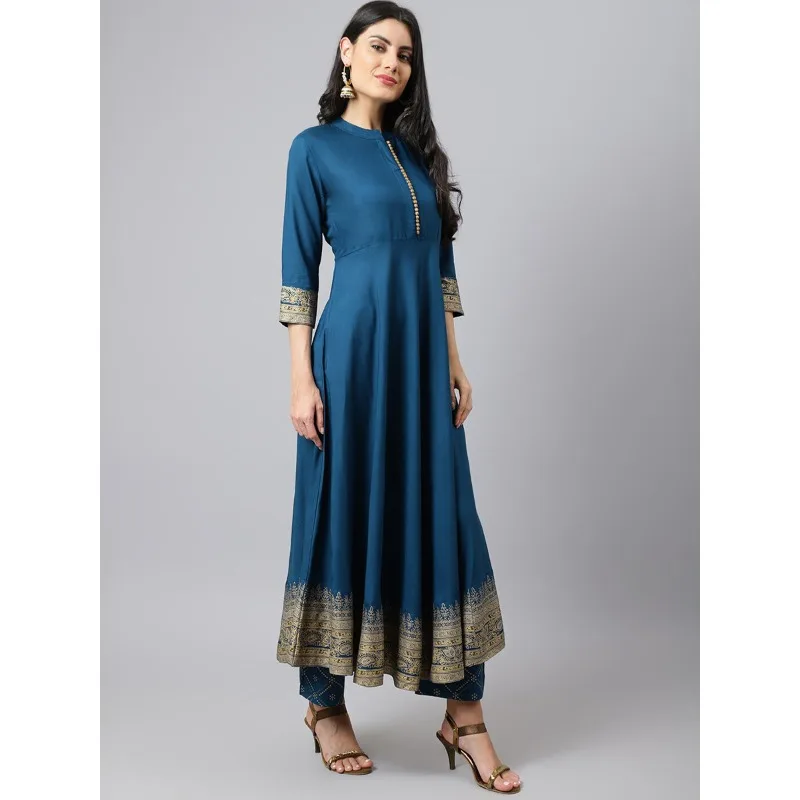 Indian Ethnic Wear Women Kurta Set Blue Printed Cotton Silk Suit Summer Traditional Salwar Kameez 3pcs Sets Breathable Outfit