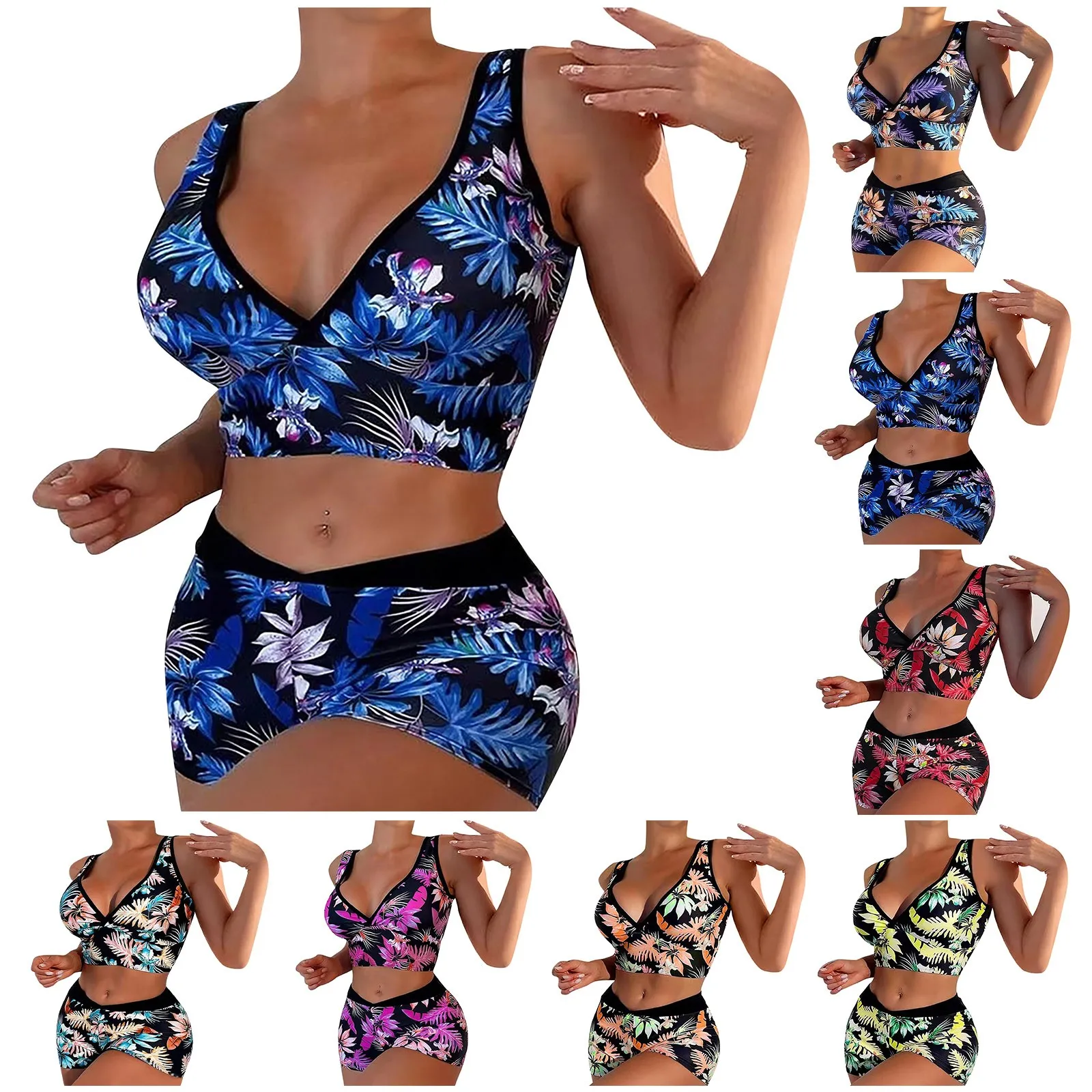 Bikini Set for Women 2024 exotic floral print Sexy V neck push up bra and beach shorts holiday Swimwear Two Pieces Bathing Suit