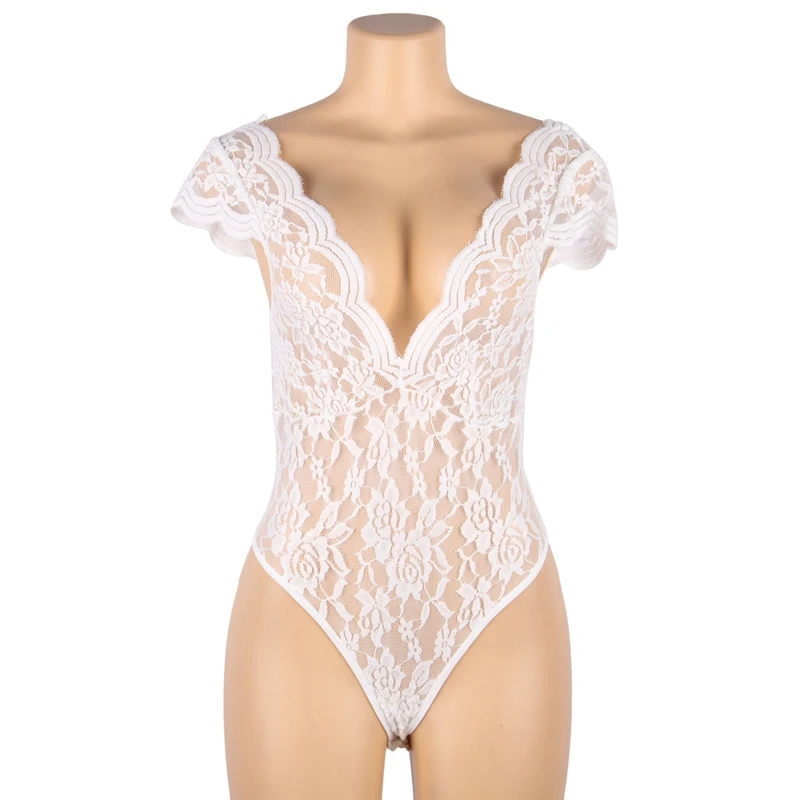 Comeondear-body branco profundo V sem costas para mulheres, roupa íntima de pelúcia com renda, crotch aberto, macacão curto, doce menina, sexy