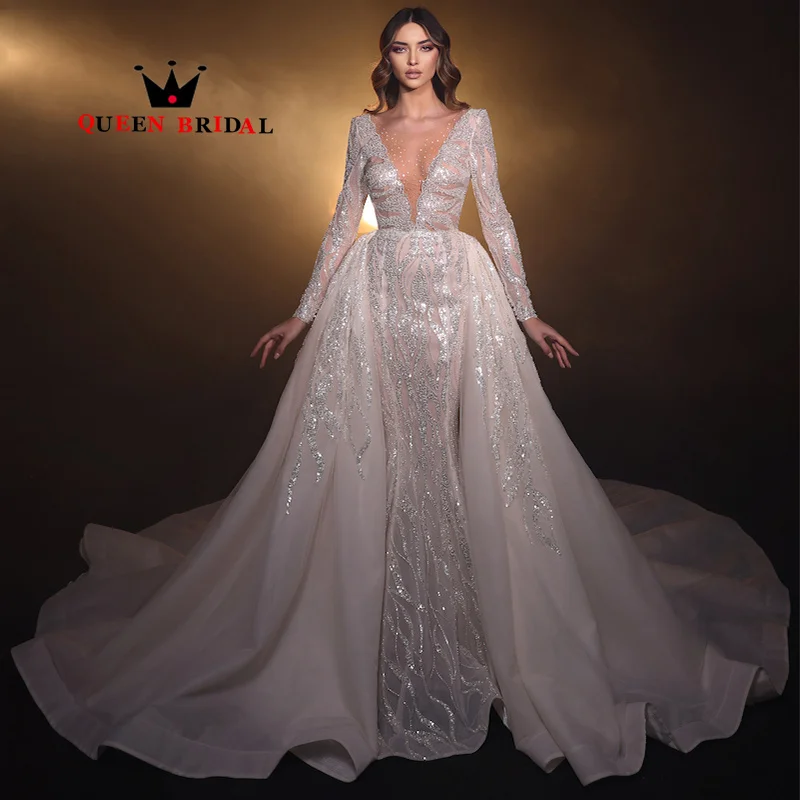 

Long Sleeve Exquisite Sequined Lace Wedding Dresses 2024 Detachable Train V Neck Birdal Gown Vestidos De Novia Custom Y13X