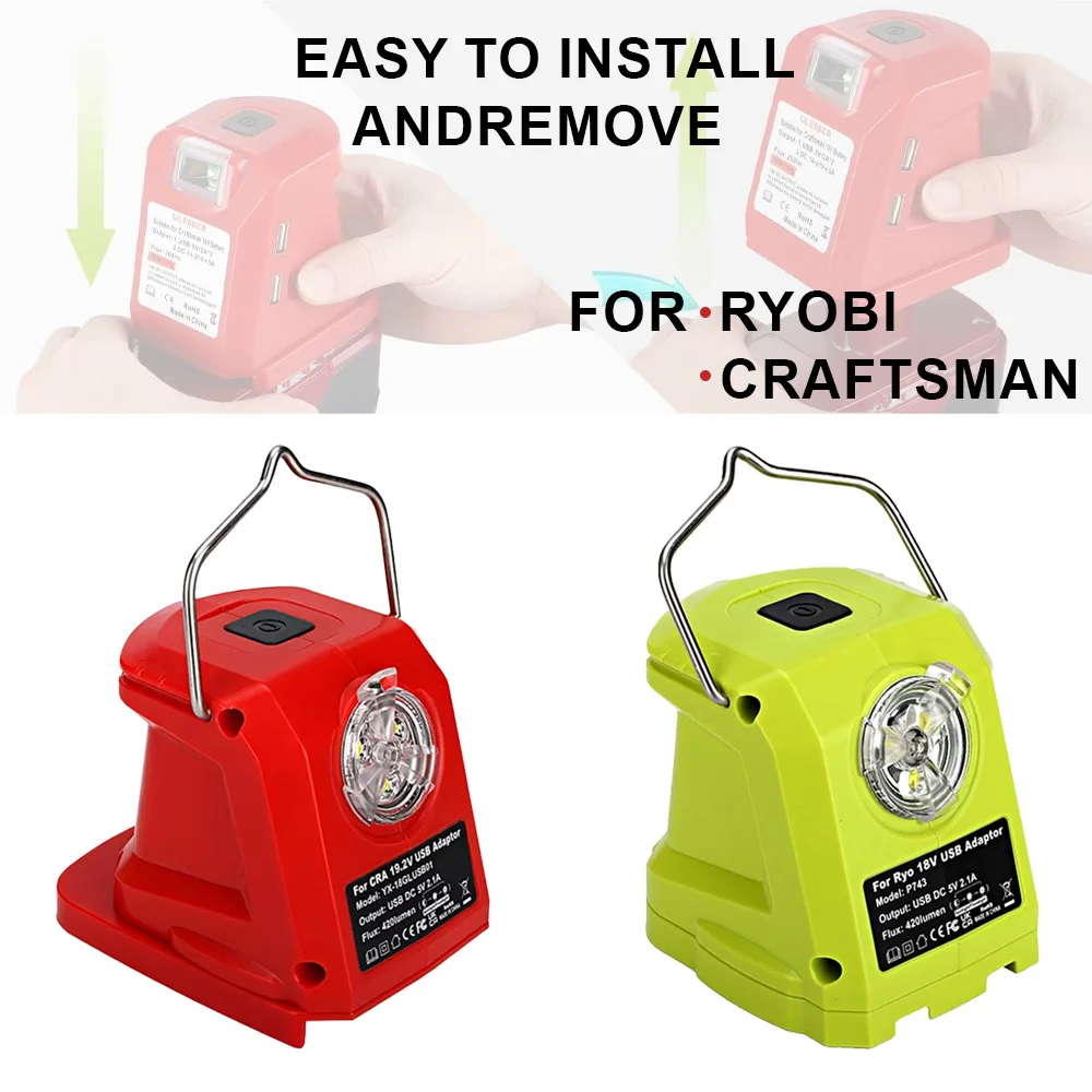 

9W LED Work Light for RYOBI 18V Li-ion Battery Dual USB Converter Adapter for Ryobi Portable Spotlight Power Tools Part