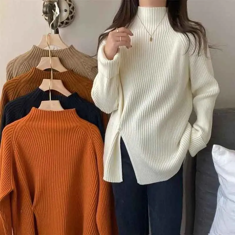 

Harajuku Mock Neck Women Knit Sweater Autumn Thicken Simple Basic Side Slit Loose Pullover Chic Korean Solid All Match Jumpers