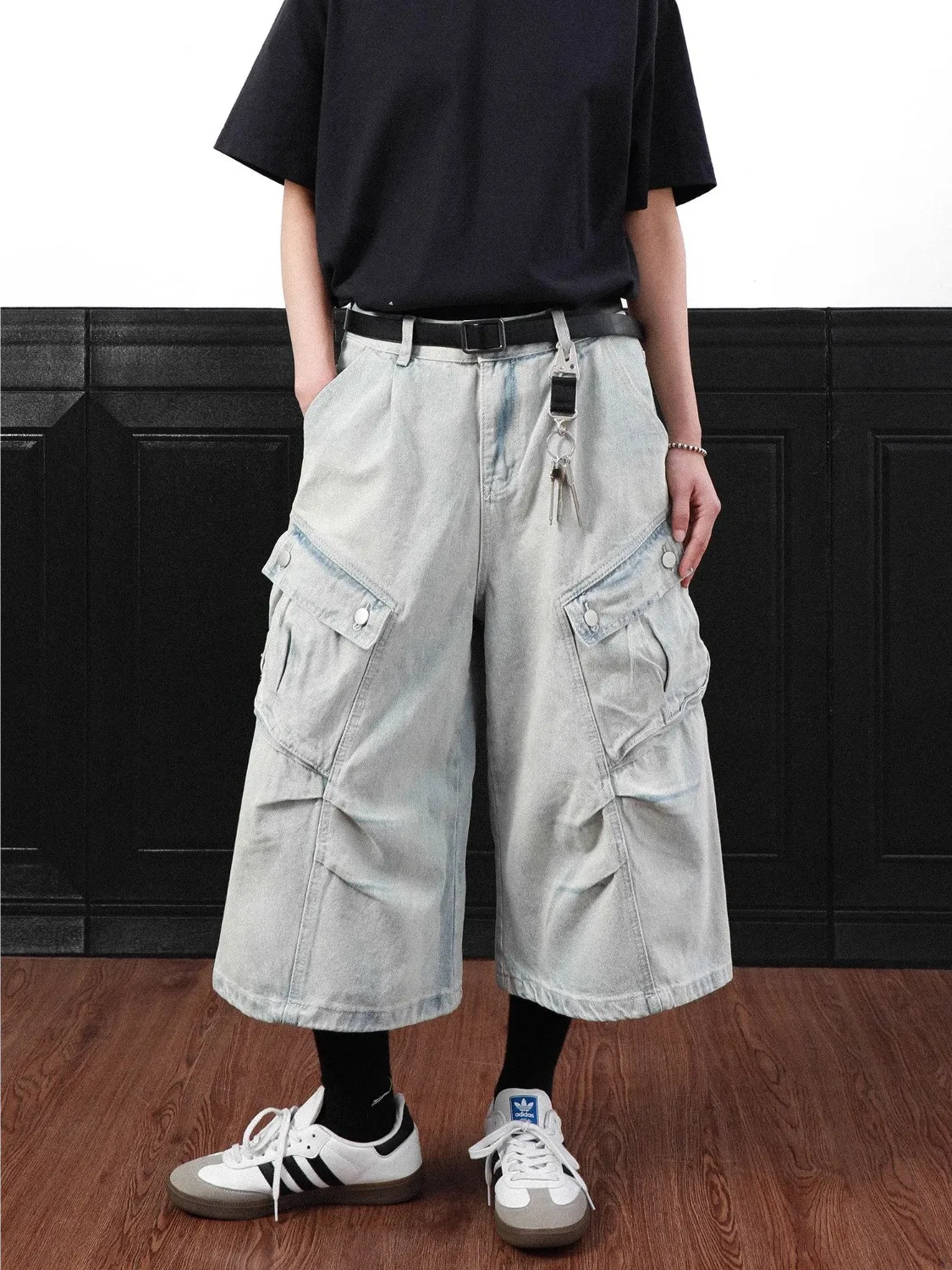 

Мужская джинсовая одежда в стиле ретро с американской талией, летняя свободная плиссированная рабочая одежда с широкими штанинами, брюки Seven Eighteen, Multi ket