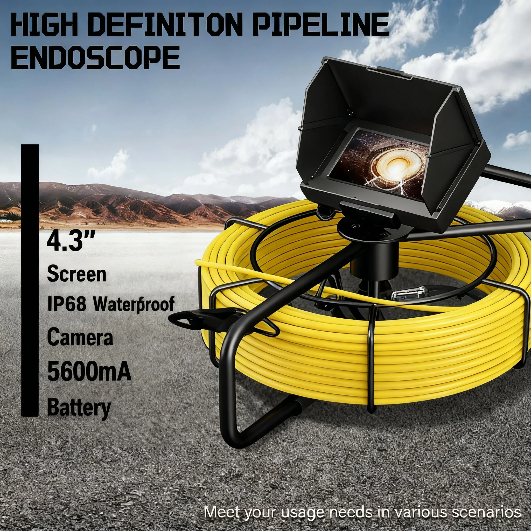 

Drain Pipe Inspection Camera 10/20/30M Cable 4.3-Inch HD Screen 5600mAh Rechargeable IP68 Waterproof Plumbing Endoscope