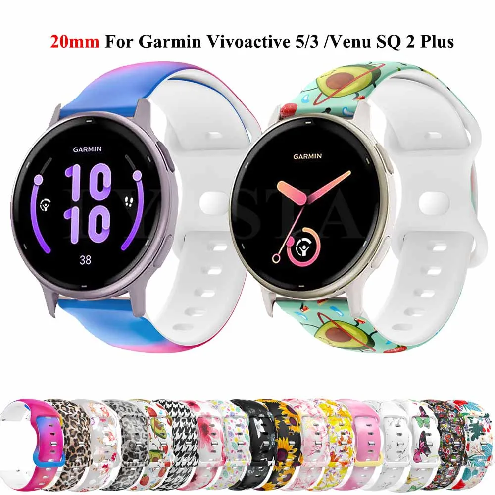 20mm Silicone Printed Strap For Garmin Vivoactive 5 3 Venu SQ 2 plus HR Forerunner 165 158 55 245 Bracelet Wristband Replacement