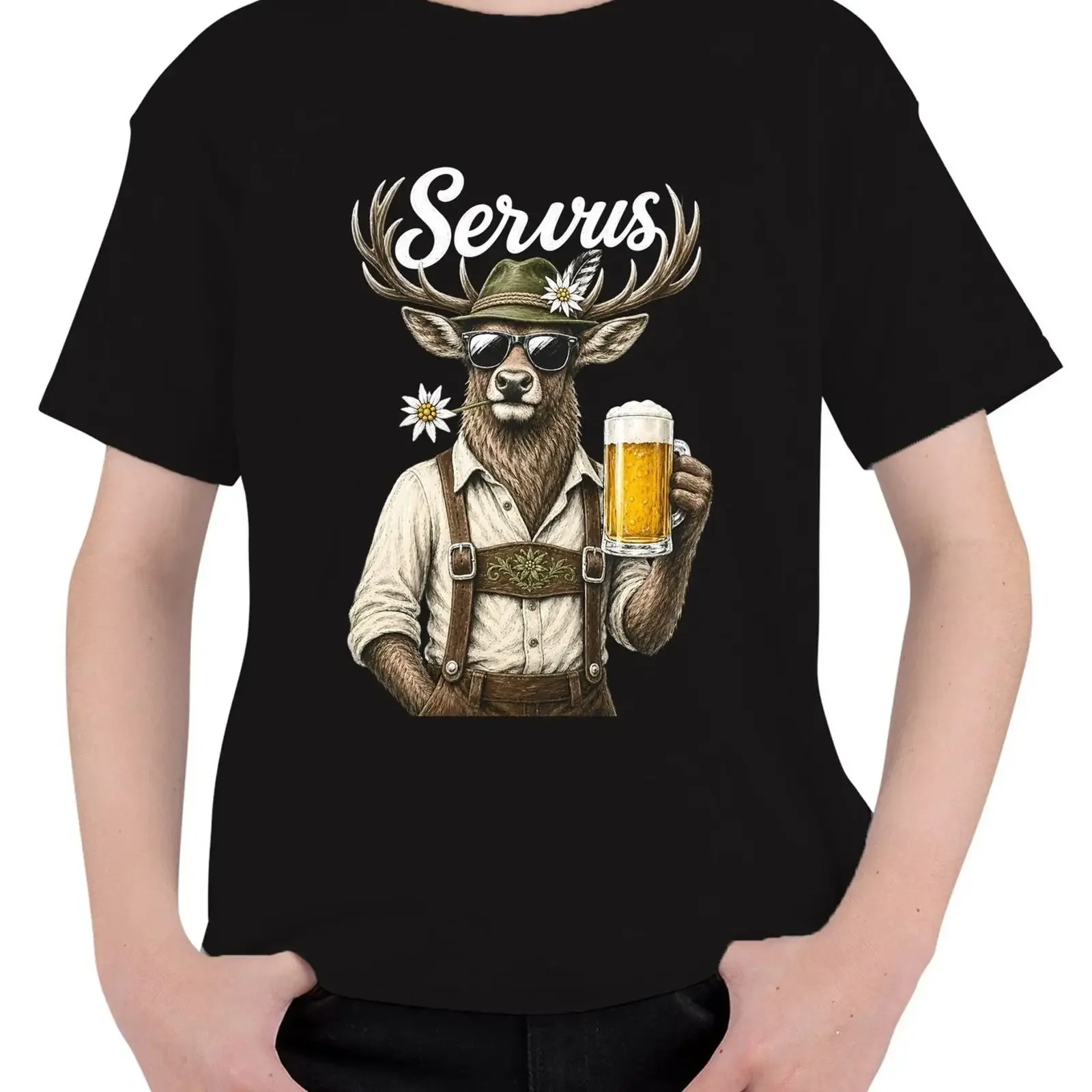 Servus Hirsch Bavaria Lederhosen Beer Oktoberfest Dirndl Alm Kids T Shirt vintage Washed graphic Casual fashion Versatile