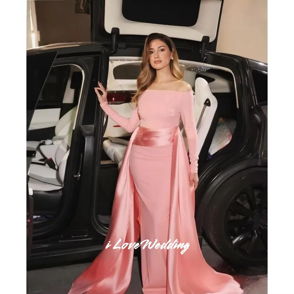 

Pink Strapless Evening Dresses 2025 Satin Long Sleeve Off Shoulder Mermaid Floor-Length Pleated Wedding Party Dresses Customized