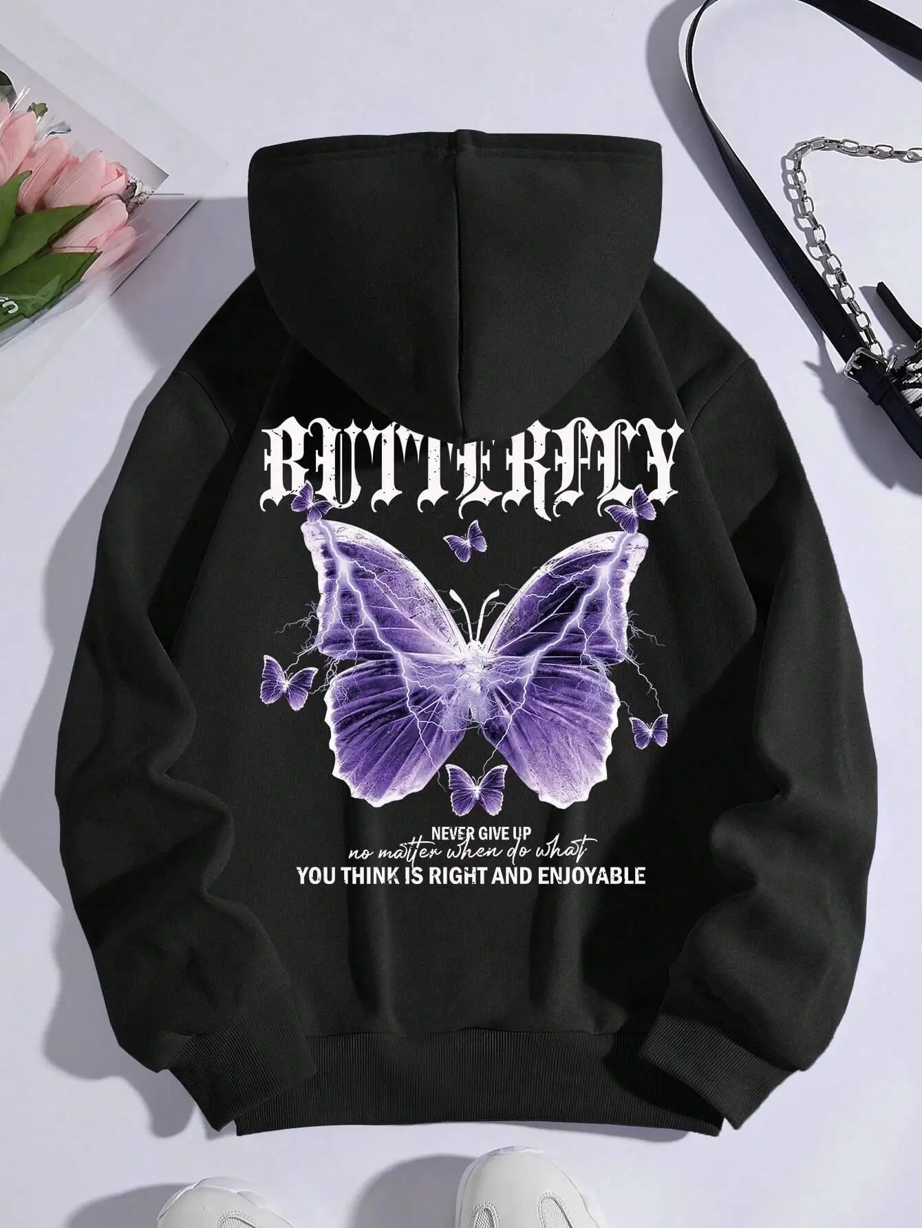 Beautiful Purple Butterfly Printing Hoodies Women Fleece Pocket Hoody Simple Casual Hoodie Autumn Loose Female Streetwear