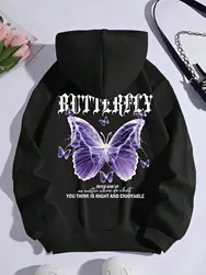 Beautiful Purple Butterfly Sweatshirt Women Fleece High Quality Hooded Simple Casual Hoodies Autumn Loose Oversized Streetwear