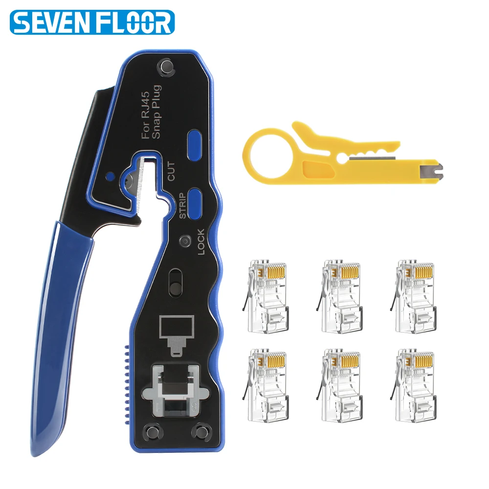 RJ45 Pass-Through Crimp Pliers, Cat6 Cat5e Ethernet Crimper with Wire Stripper, 6Pcs 8P8C Modular Network Connectors