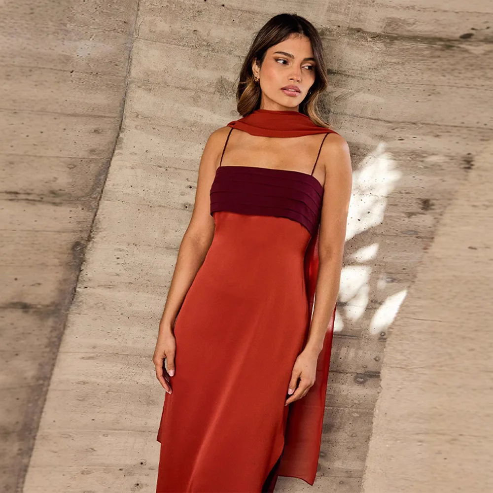 Elegant Color Block Suepander Maxi Dress Sleeveless Halter Spaghetti Strap Satin Dresses 2025 New Summer Lady Party Streetwear