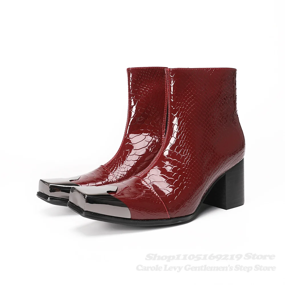 Wine Red Snake Pattern Thick Heel Ankle Boot Men Square Toe Patent Leather Trendy High Heel Winter New Punk Style Short Boot