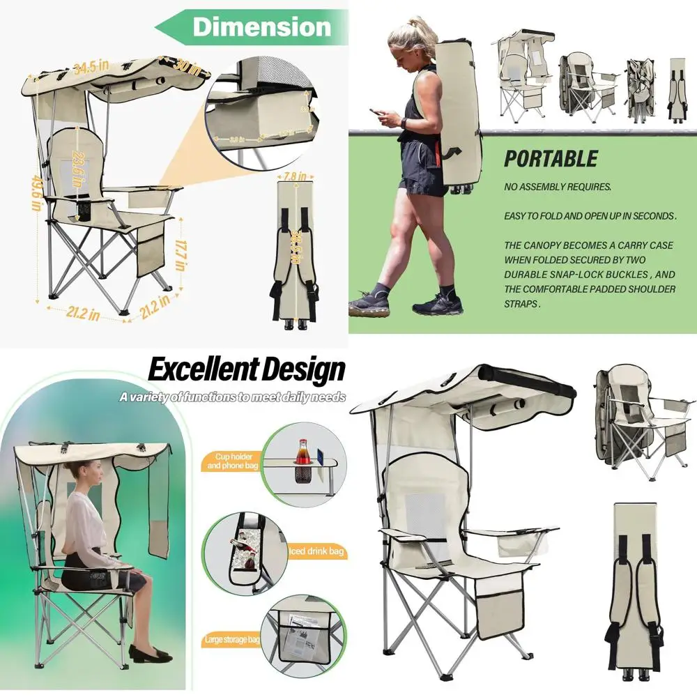 

Camping Chair with Canopy Shade Portable Folding Beach Chairs with Cooler, Mesh Backrest, Cup Holder, and Pocket for Camping, Fi