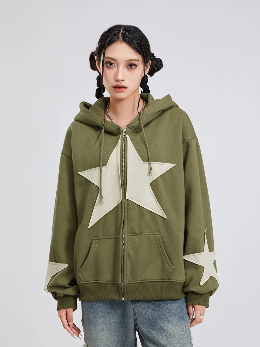 Women s Autumn Casual Hooded Coat Long Sleeve Star Print Zip Up Drawstring Hoodie