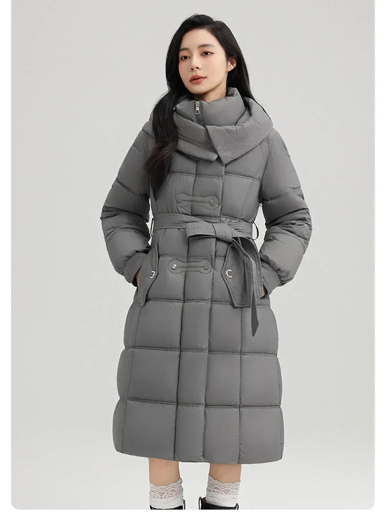 Winter New Long Hooded Cotton Padded Jacket Coat Women Thick Parkas Female Casual Outerwear with Belt Loose Overcoat For Women