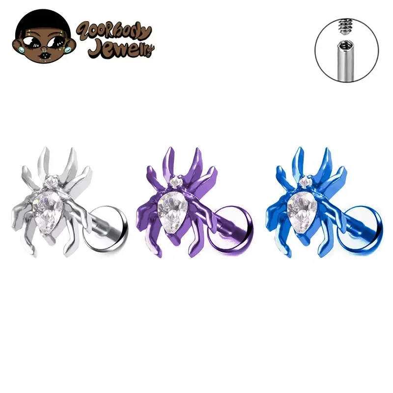 

ASTM F136 Titanium 16G 18G Spider CZ Internal Thread Labret Stud Earring Nose Tragus Helix Flat Stud Halloween Body Piercing