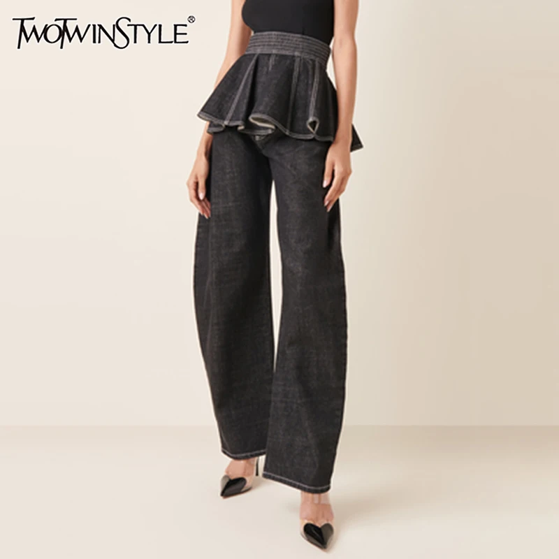 

TWOTWINSTYLE Solid Patchwork Ruffles Designer Pants For Women High Waist Loose Minimalist Wide Leg Pant Female Fashion Style New