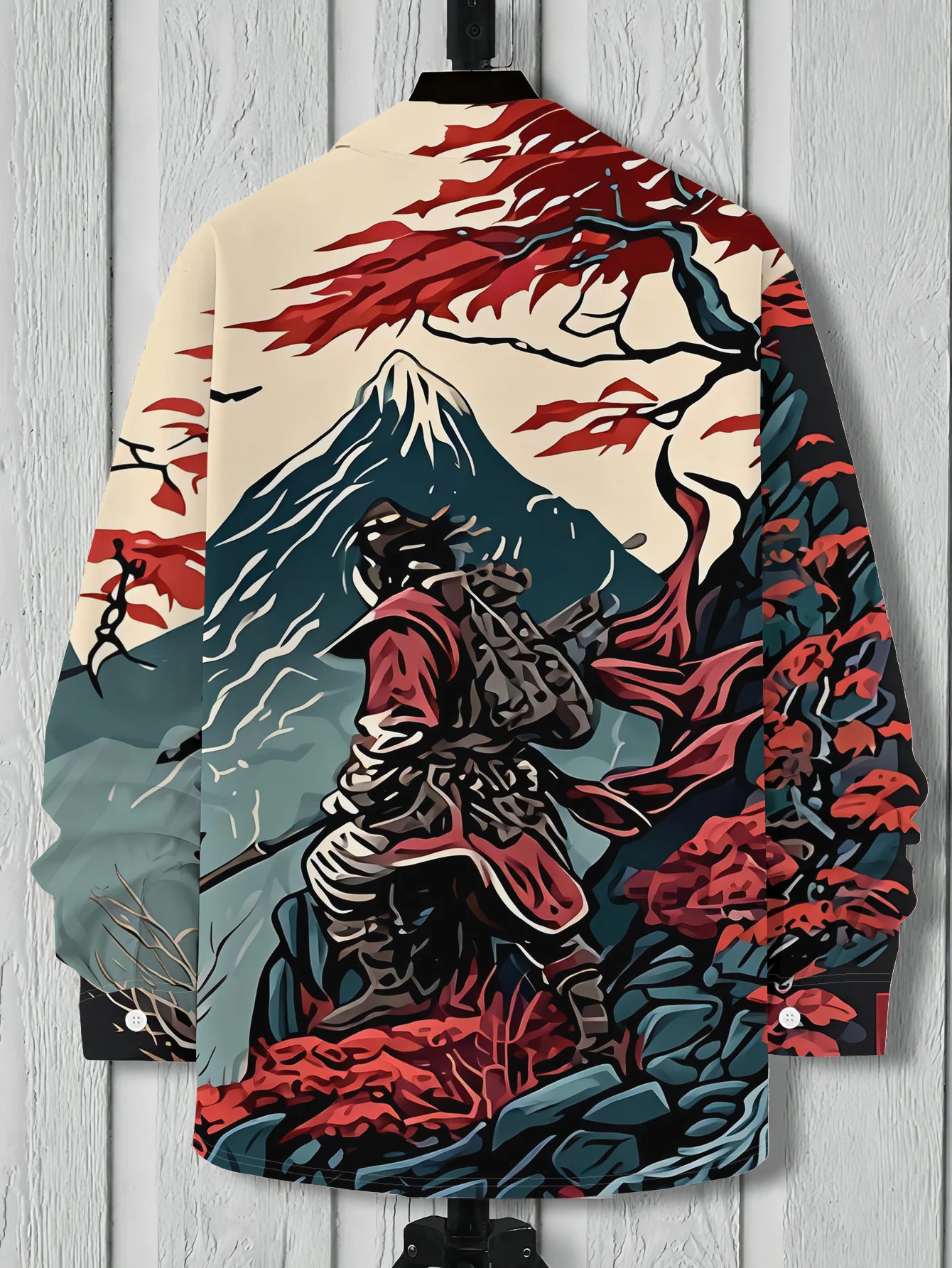 Men Long-Sleeve Button-Down Shirt Ukiyo-e Samurai Fuji Mountain Print Polyester Lapel Collar Party Top
